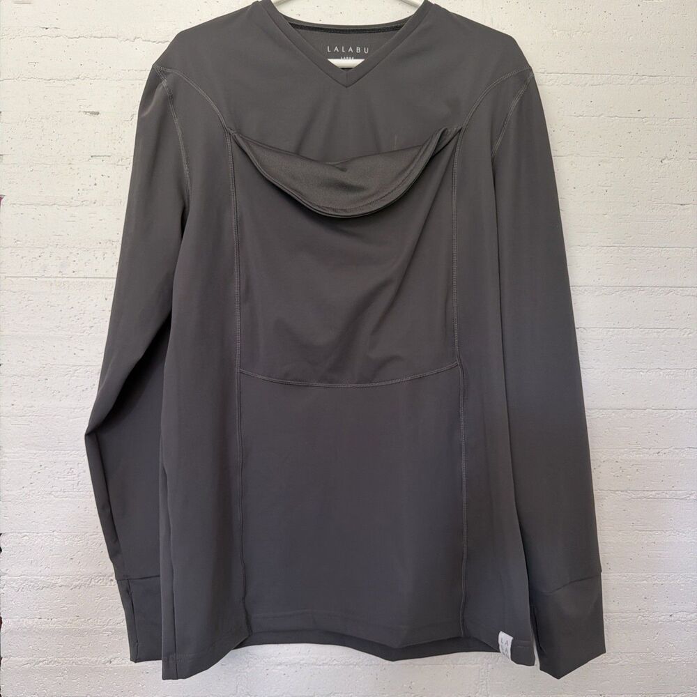 LALABU Dad Shirt L Gray V Neck Long Sleeve Kangaroo Pouch Soothe Bonding